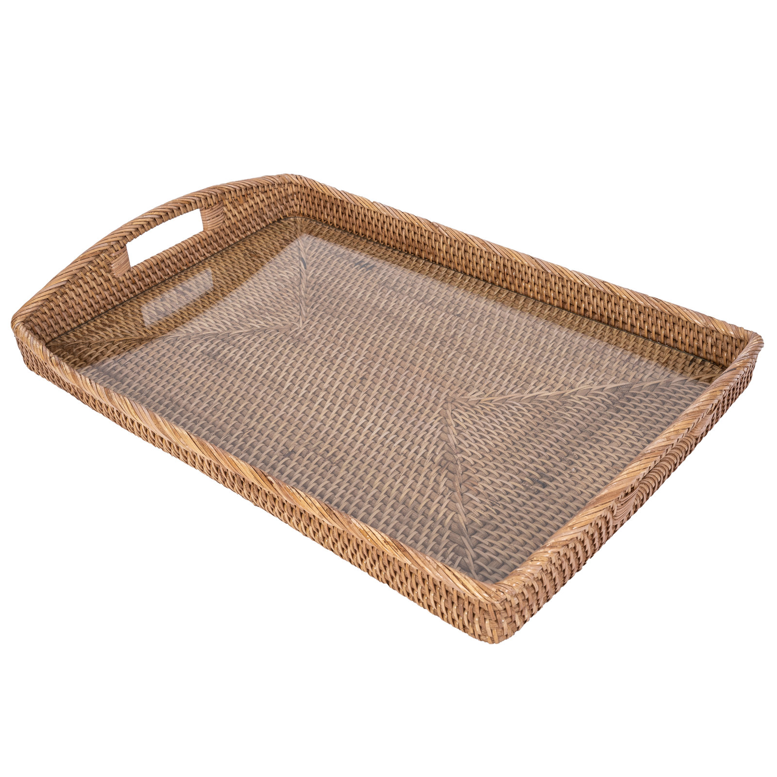 Rectangular Tray with Glass Insert, 14" W x 10" D x 1" H, Honey Brown