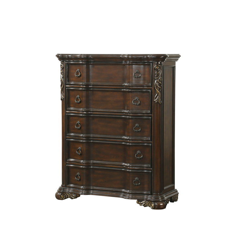 Montoya Traditional 44.25" Dark Cherry 5-Drawer Chest with Serpentine Front and Carved Scrollwork