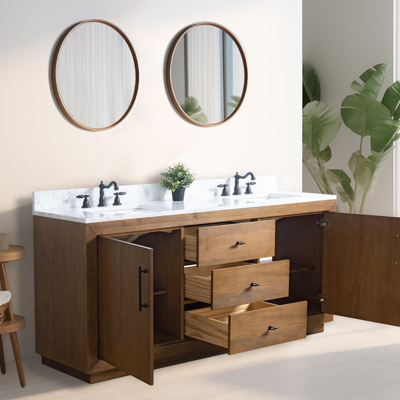 Meuble-lavabo double autoportant, Blanc Arabescato, Tanné, 72"