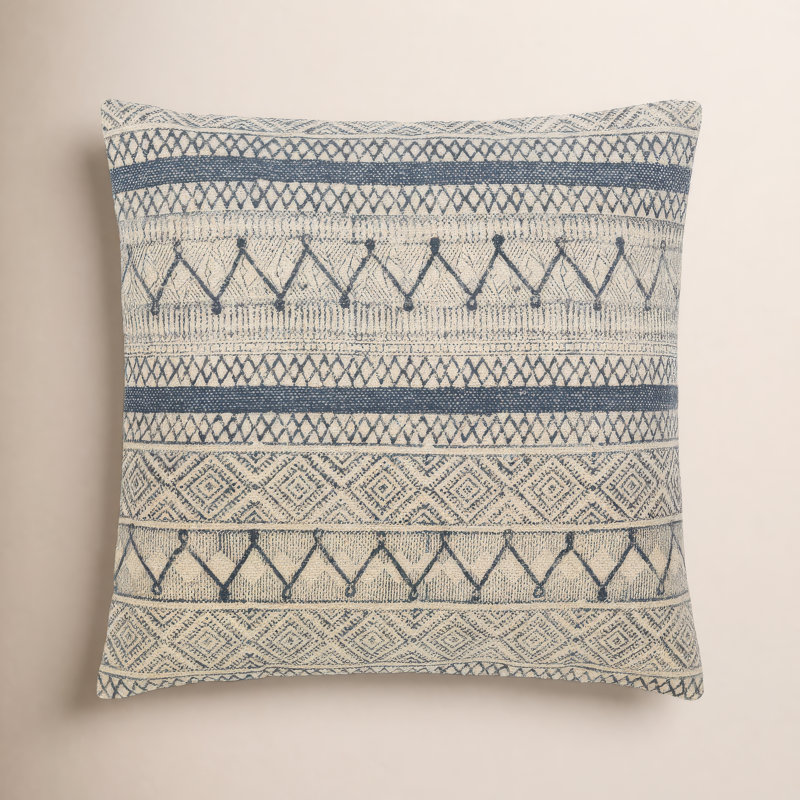 Oreiller carré en coton Zetta, Housse de coussin seulement - sans coussin, 20 po x 20 po, Beige clair / bleu foncé