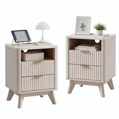 Set Of 2 Fluted Nightstands With Built-in Charging Station & Storage