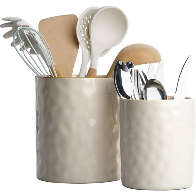 Ocean Utensil Holder, 7.2"+5.8" Ceramic Kitchen Utensil Holder For Countertop, Cooking Utensil Crocks, Utensil Organizer For Spatula & Spoon, Kitchen Decor, Set Of 2, Vanilla White