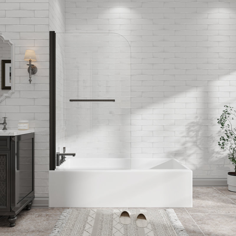 31"-32" W X 55" H Matte Black Flexible 180° Pivot Shower Door Reversible Installation Frameless Bathtub Screen,1/4"(6MM) Tempered Glass With Nano Easy Cleaning And Stick Explosion-Proof Membrance