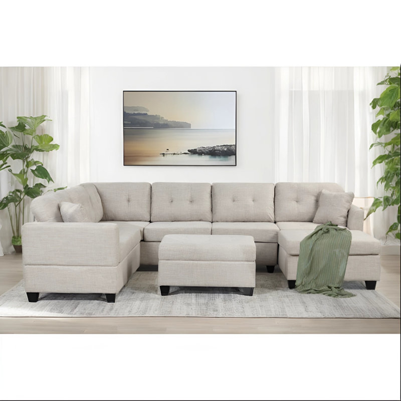 Canapé modulaire en U avec repose-pieds Jessaca, Lin beige