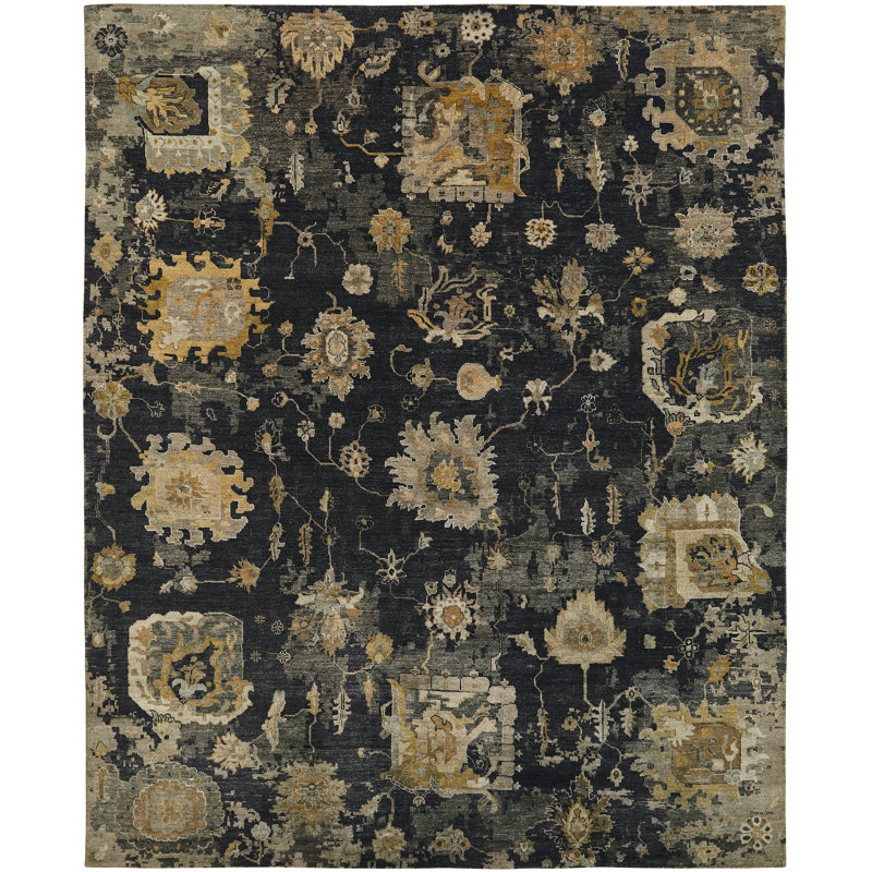 Darreyl Hand Knotted Wool Area Rug in Black, Rectangle 8' x 10'