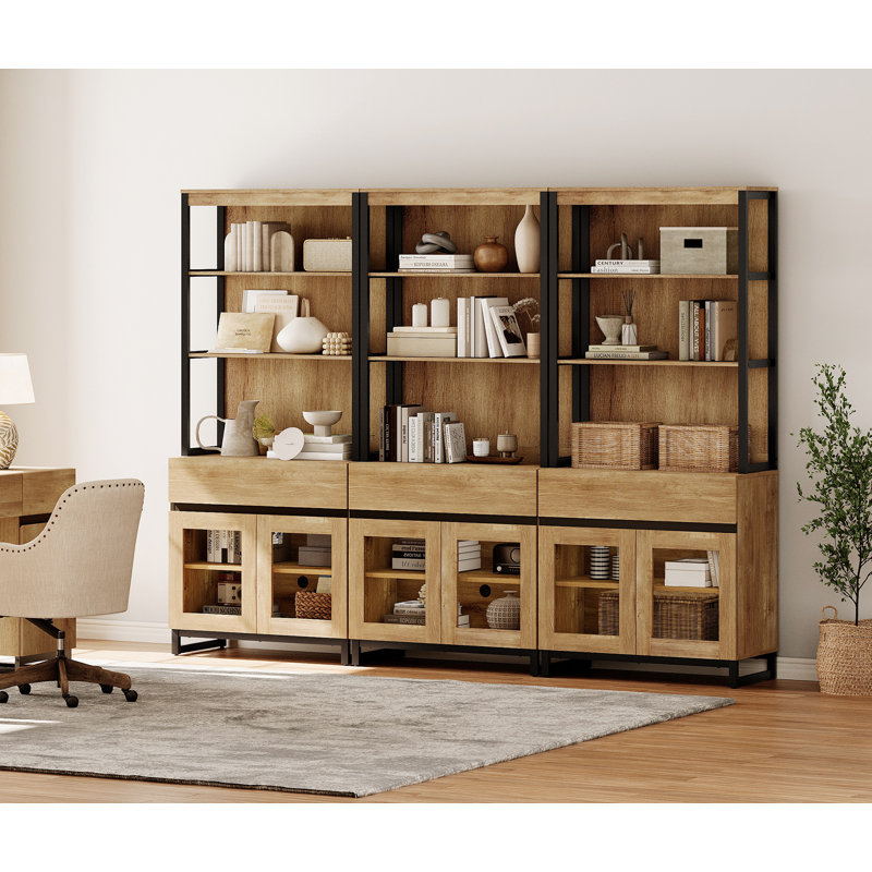  Home Office Furniture Set: 59In Modern Executive Desk With Charging Station & Drawers And Three 72In Tall Bookcases With Storage Cabinet, Home Office Furniture For Living Room