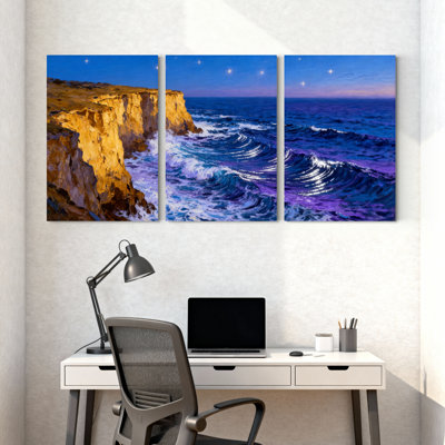 Abstrait, falaise, océan, vagues, nuit, ciel, réflexions, ensemble de 3 impressions sur toile