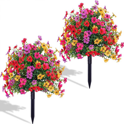 Set of 2 Colorful Artificial Flowers, 22-Inch UV Resistant Faux Plants with Ground Spike for Garden, Porch or Home Decor