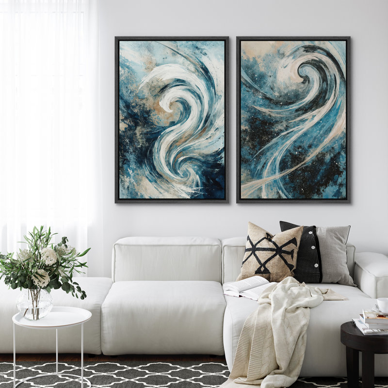 Art mural abstrait, ensemble de 2 reproductions d'art encadrées sur toile, H 24 po x l 32 po, Noir