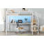 Lit mezzanine double en métal avec bureau, escalier de rangement, petite armoire et lumière DEL, blanc