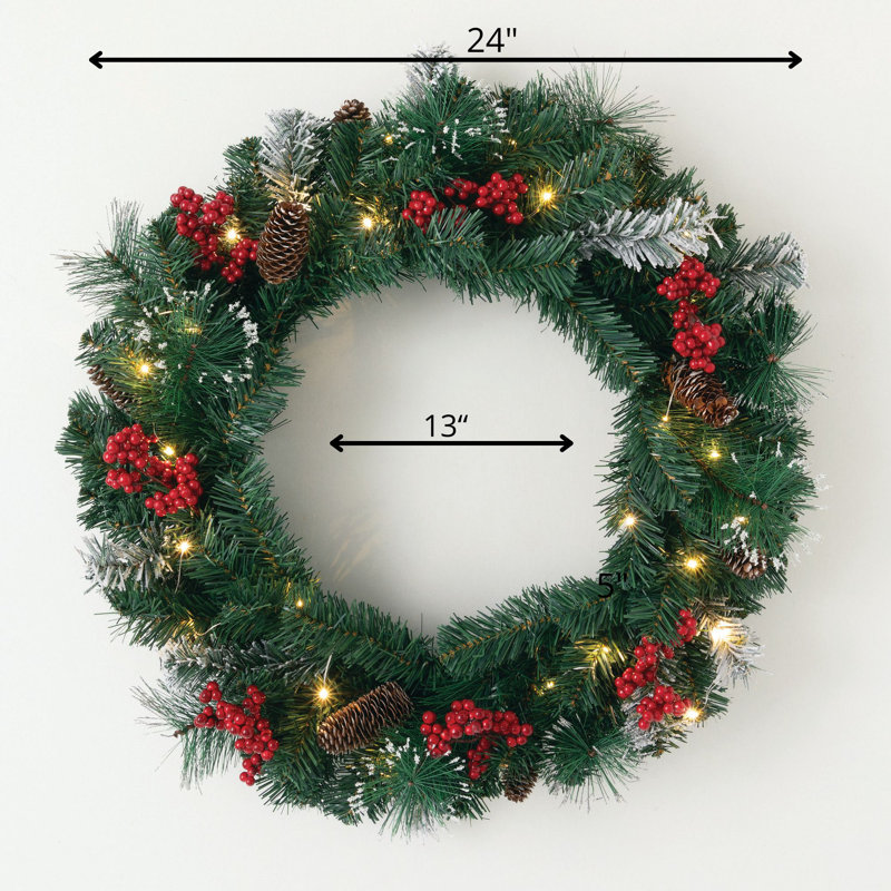 Artificial 24" LED Mixed Pine Christmas Wreath with Flocking, Pinecones and Berries, Green