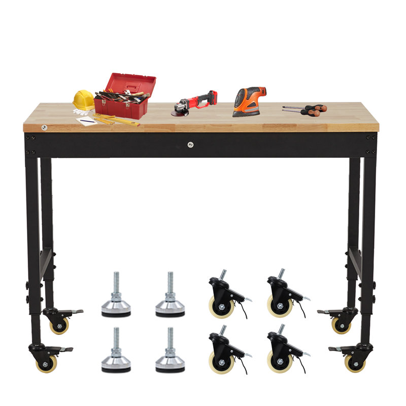 Table de travail à hauteur ajustable 48 po x 24 po, banc de travail robuste en bois d'hévéa pour garage et atelier, poste de travail mobile avec prises de courant et roues, capacité de charge de 2 000 lb, établi en bois franc