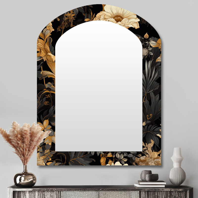 Gold Tropical Leaf Serenade I - Leaves Asymmetrical Decorative Mirror, Traditional Arch Wall Mirror, Printed Metal Art