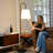 Black Floor Lamp with Integrated Wood Table and Rotary Switch