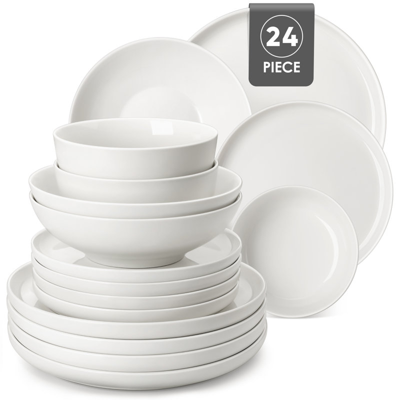 Ensemble de vaisselle 18 pièces en céramique blanche avec rebords noirs - Service de vaisselle de style moderne pour 6 personnes, comprenant assiettes, assiettes à salade et bols - Articles essentiels pour les Fêtes, les mariages et les dîners