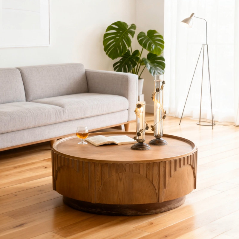 Table basse ronde ronde en bois massif moderne fabriquée à la main en relief avec piédestal robuste pour appartement et salon