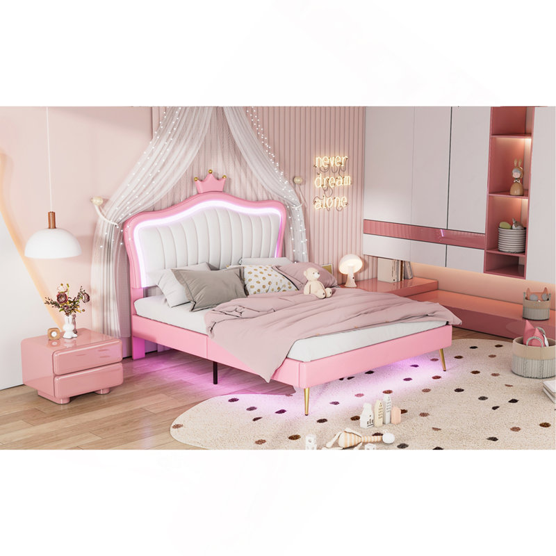 Structure de lit double pleine grandeur avec lumières DEL, lit princesse rembourré moderne avec tête de lit couronne, blanc et rose