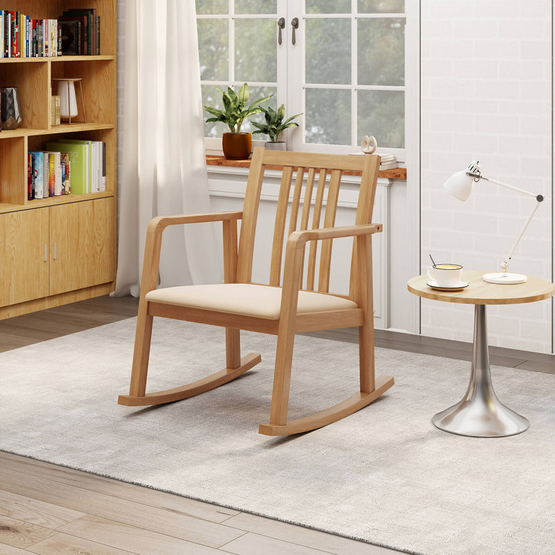 1 chaise berçante PCS avec assise rembourrée, dossier à lattes et accoudoirs courbés pour le salon, Naturel, Beige