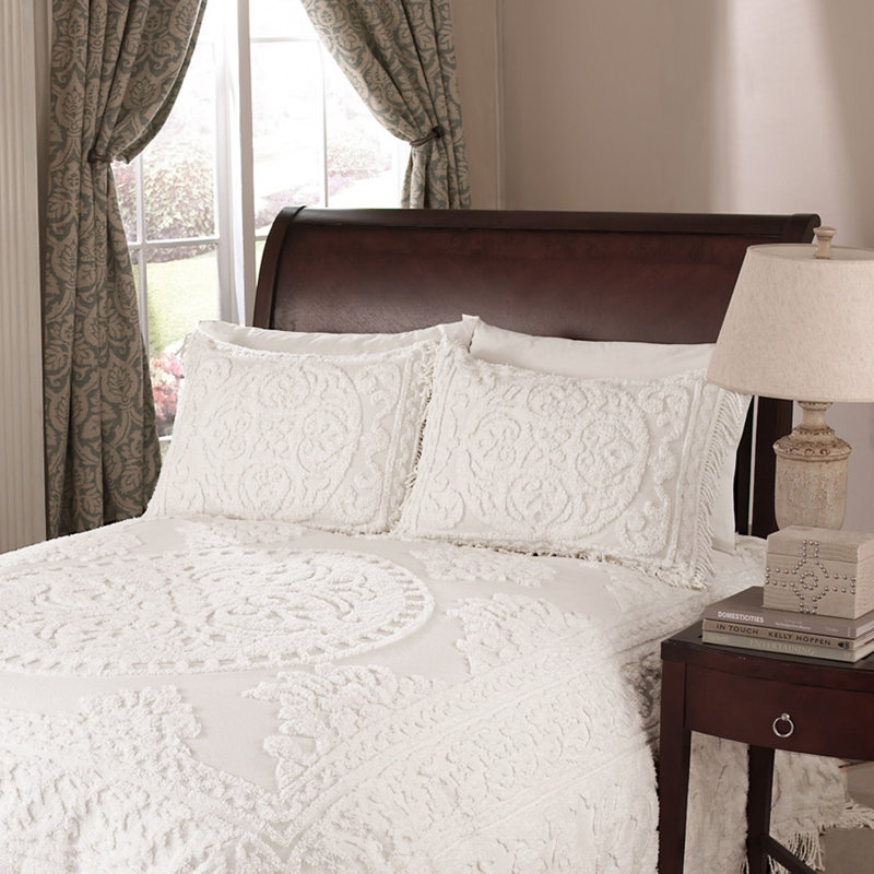 White Cotton Medallion Chenille King Sham with Fringed Hem