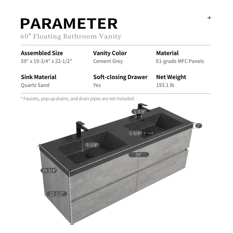 60" Floating Bathroom Vanity With Sink, 59"