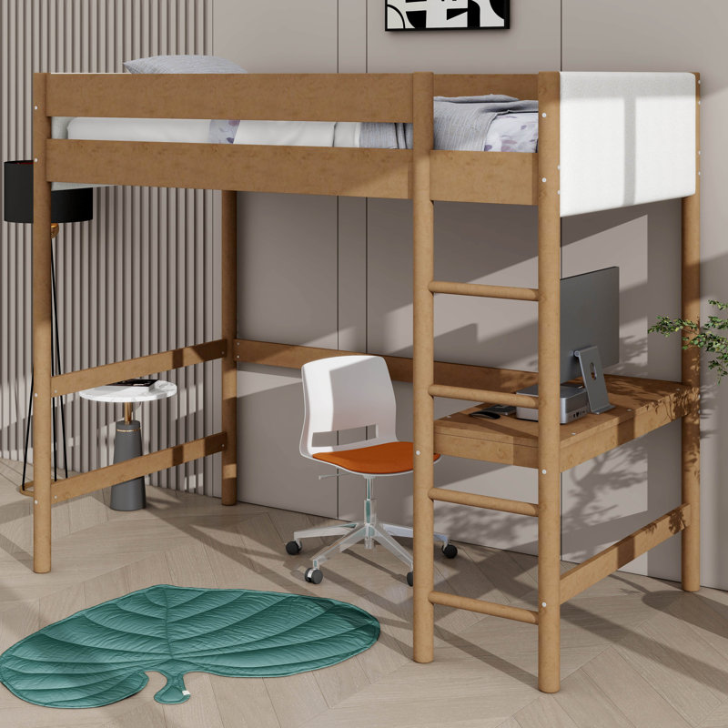 Lit mezzanine simple avec bureau intégré recouvert de tissu molletonné