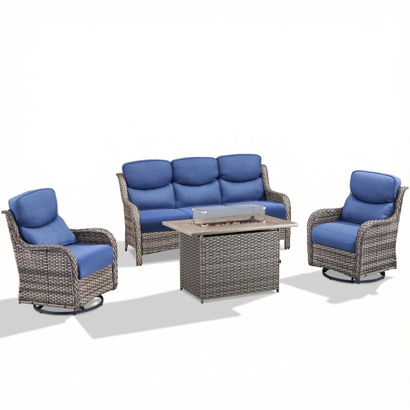 Anner 4-Piece Wicker Rattan Patio Conversation Set With Rectangle Fire Pit Table And Swivel Gliders, Gray, Blue