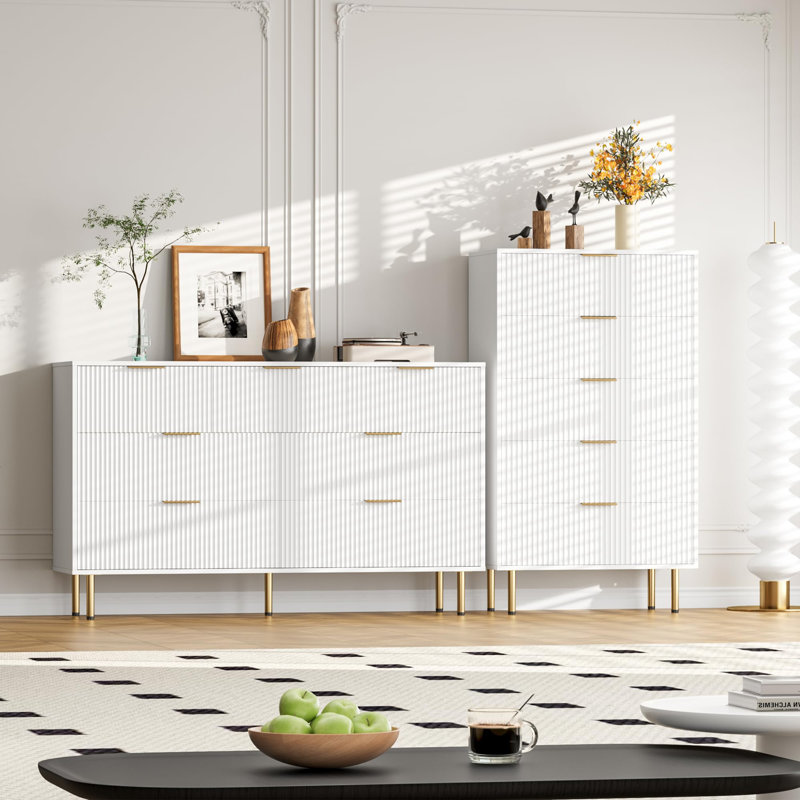 Commode de 47,2 po de largeur pour chambre à coucher, 6 tiroirs, commode en bois cannelée avec poignées dorées, armoire de rangement pour couloir