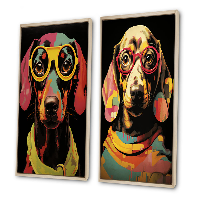 Curious Popart Daschund Dog I - Ensemble de 2 décorations murales chien Daschund, Cadre flottant brun, H 32 po x l 33 po