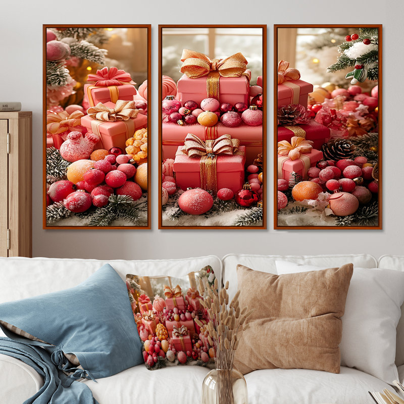 Rose et or, cadeau de Noël Palace - ensemble d'art mural de Noël, H 28 po x l 36 po x P 1 po, Toile avec cadre flottant brun