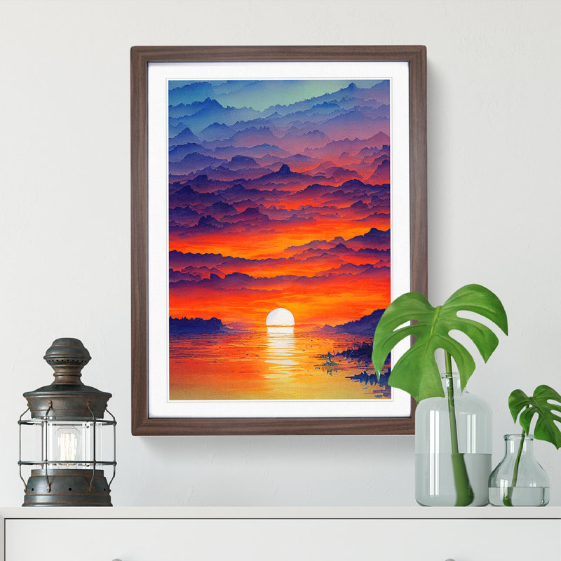 Sunset Watercolour No.6 - Single Picture Frame Print, 64cm H x 46cm W x 2cm D, Walnut