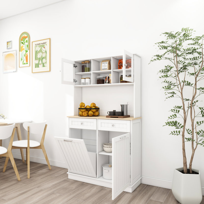 Armoire de rangement blanche pour poubelle de cuisine de 67,7 po de hauteur avec 3 tablettes réglables, 2 tiroirs et une poubelle inclinable de style moderne pour la garde-robe de patio. 1 - Blanc. Cuisine design, salle à manger, salon.