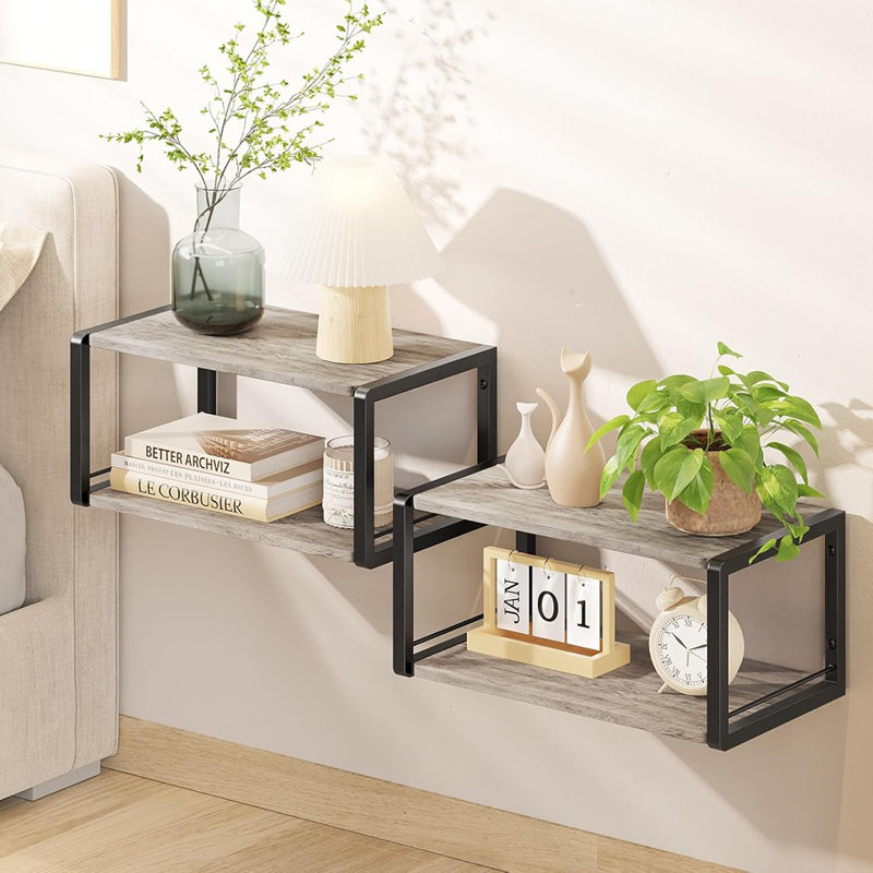 Ensemble de 2 tables de chevet murales flottantes avec cadre robuste gris rétro