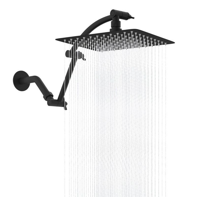 All-Metal Rainfall Shower Head – 12-Inch High-Pressure Square Shower Head With 16-Inch Adjustable Solid Brass Extension Arm, Waterfall Fixed Mount Shower System