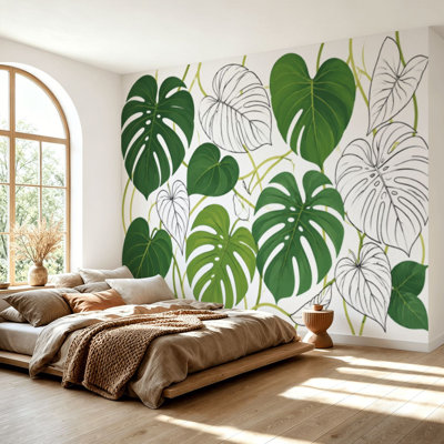 Wall Mural Peel and Stick Wallpaper Floral seamless green black white split leaf Philodendron plant vines Self-Adhesive Removable Contact Paper Wall Decor for Living Room Bedroom 69"H x 96"W