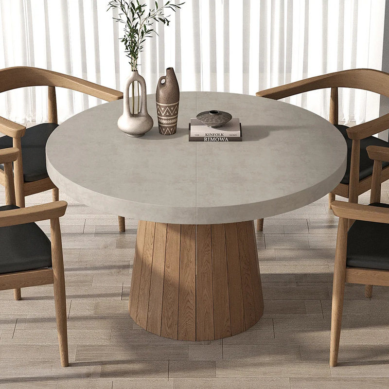 Gray and Natural Wood Round Extendable Dining Table for 4-6
