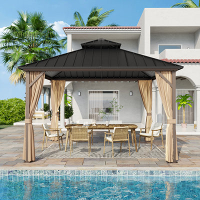 Pavillon de jardin d'extérieur à toit rigide en acier à 2 niveaux 11,6 pi x l 11,6 pi avec protection totale en filet