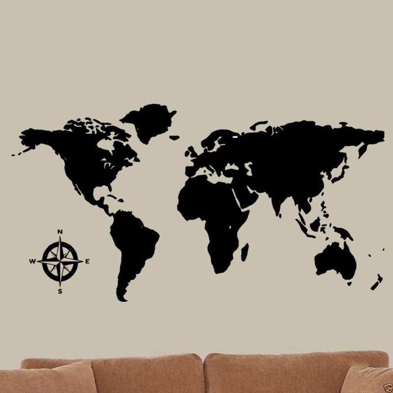 Adhésif décoratif carte du monde en vinyle, H 15 po x L 30 po, Noir