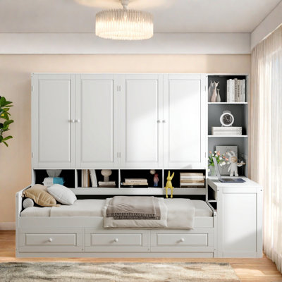 Wooden Daybed With Three Drawers, All-in-one Cabinet, Desk And Shelves