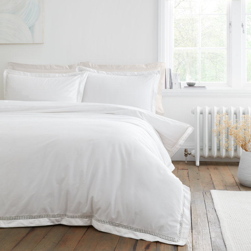 Oxford Lace 200 Thread Count Cotton Duvet Cover Set, Kingsize Duvet Cover + 2 Standard Pillowcases, White