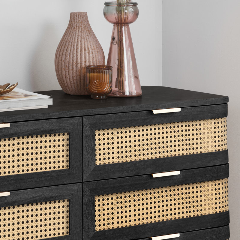 Amanni 6 Drawer Rattan Chest, Black/Oak