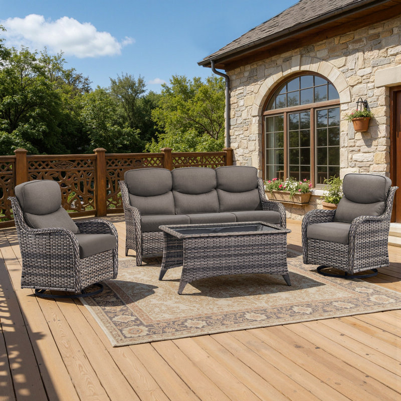 5 - Person Handwoven Wicker Patio Conversation Set With Swivel Glider Chairs, 5" Olefin Cushions, Gray, Gray