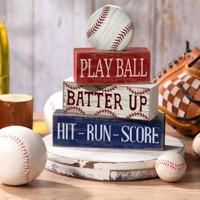 Baseball Wooden Decor Set Of 4 Tiered Tray Book Stack Signs