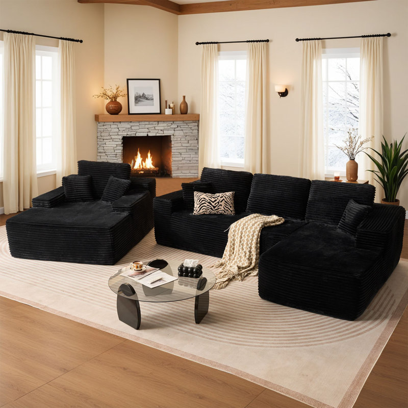 3-piece No-assembly Living Room Set, Plush Modern Sectional Sofa With Loveseat And Chaise Lounge, Black, Right Hand Facing
