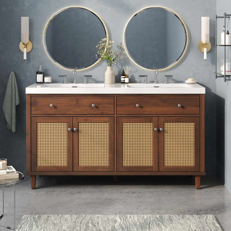 Meuble-lavabo moderne à double cuve avec lavabo SMC et rangement basculant