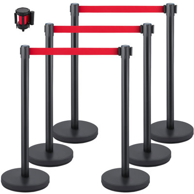 Poteau de contrôle des foules, ensemble de poteaux de 6 pièces, ensemble de poteaux avec ceinture rétractable rouge de 6,6 pi / 2 m, barrière de contrôle des foules avec base en caoutchouc - assemblage facile pour le contrôle des foules (noir)