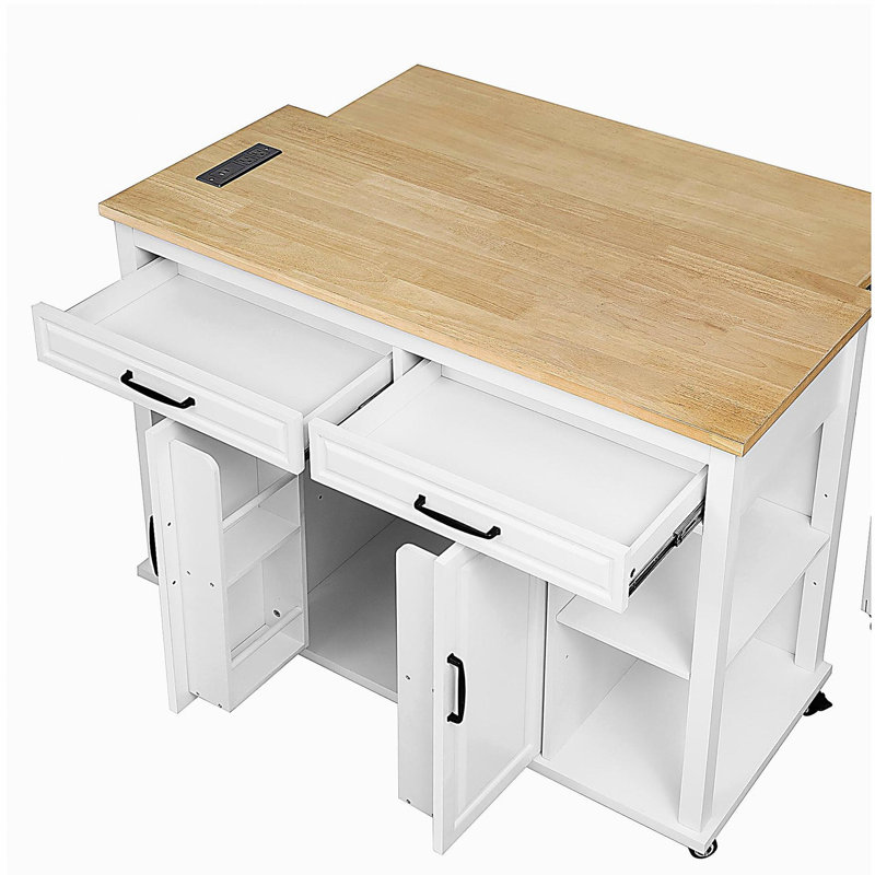 47-inch Expandable Dining Table Kitchen Island, Rubber Wood Veneer Kitchen Table, with Internal Storage Shelves, Power Outlets, Kitchen Island with 2 Drawers and 2 Cabinets, White