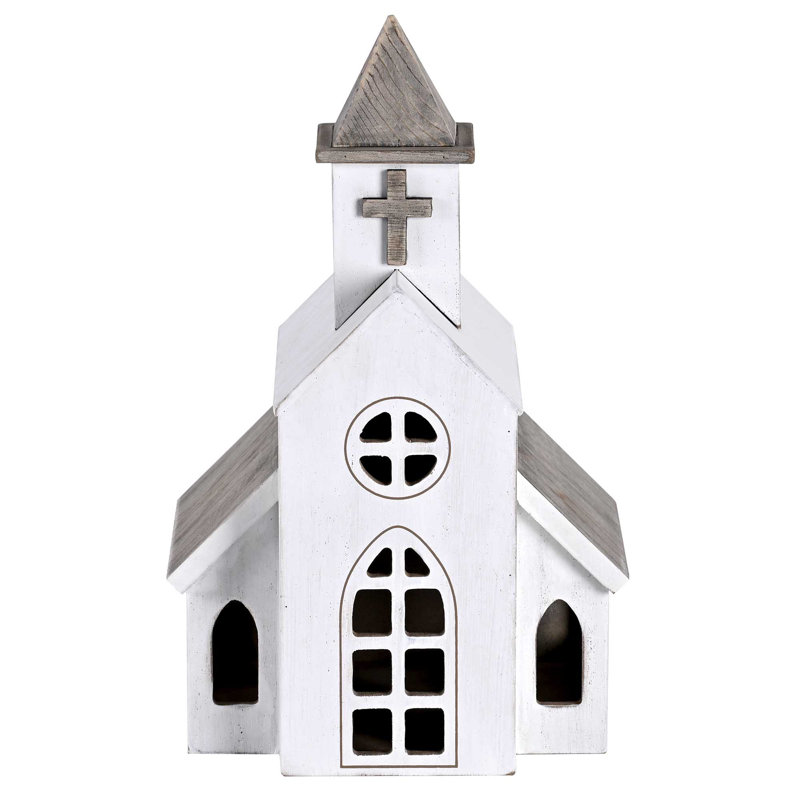 Figurine White Church Steeple Wood 11.5h
