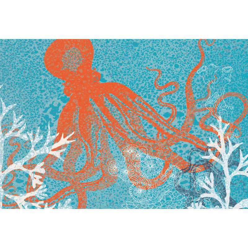 Octopus Swim - Painting Print, 61 cm H x 91 cm W, Black Floater Framed