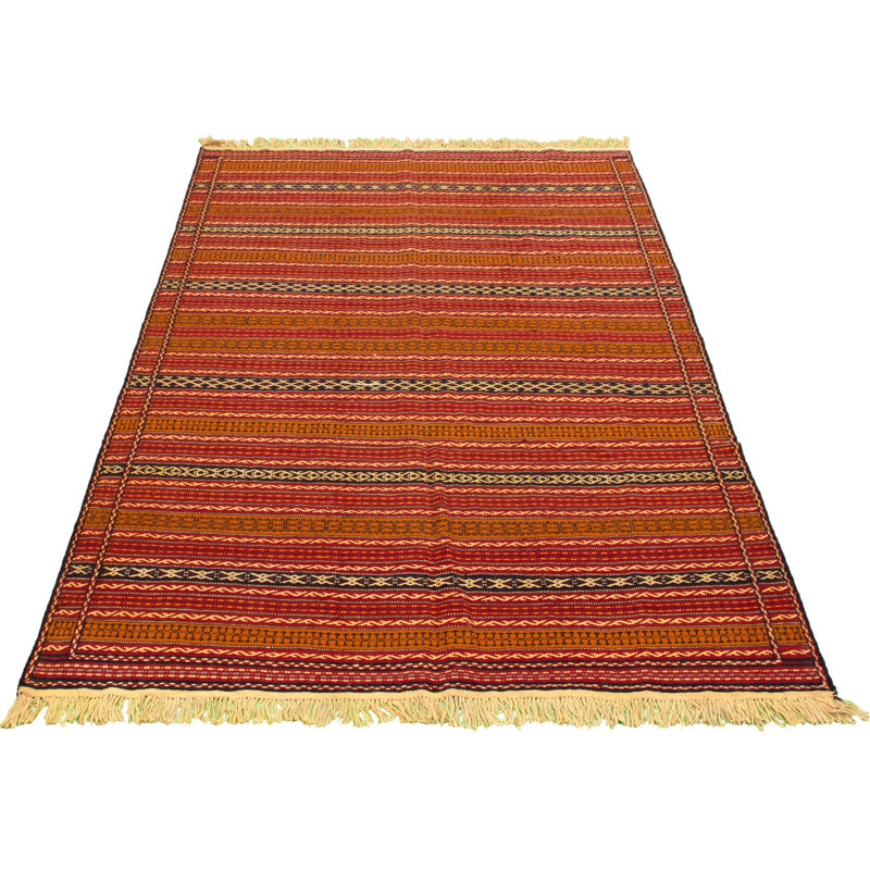 Tapis rouge foncé / orange en laine tissé à la main et à plat