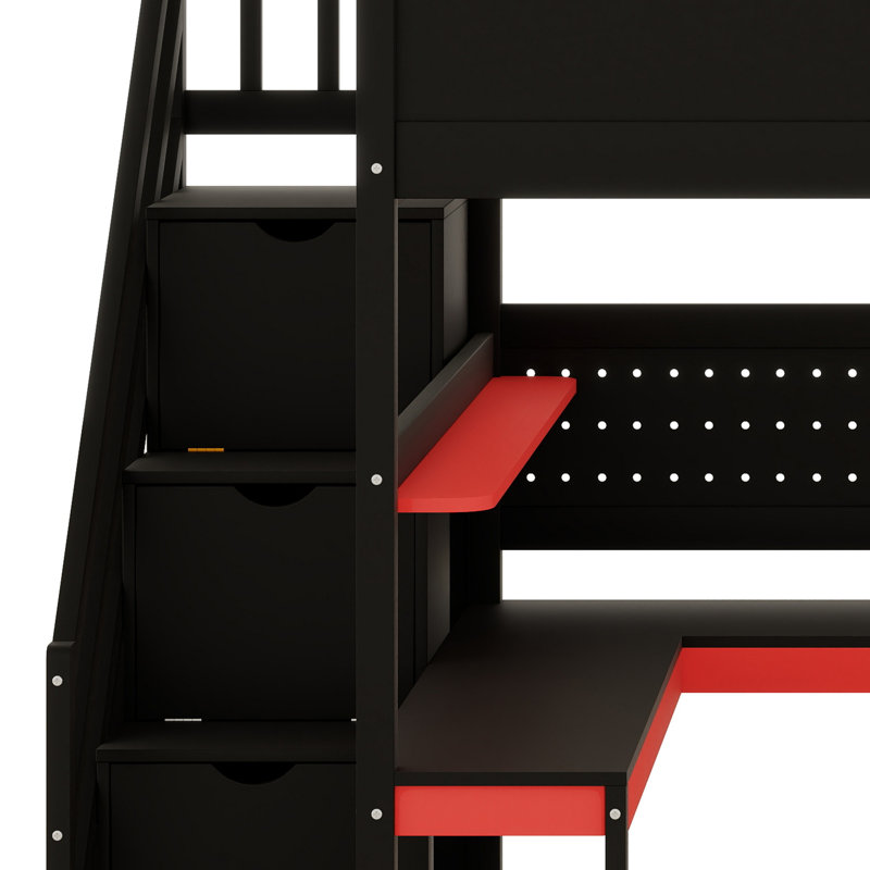 Lit mezzanine pour jouer avec escalier de rangement, bureau, tablettes et panneau perforé, Double, Black/Red